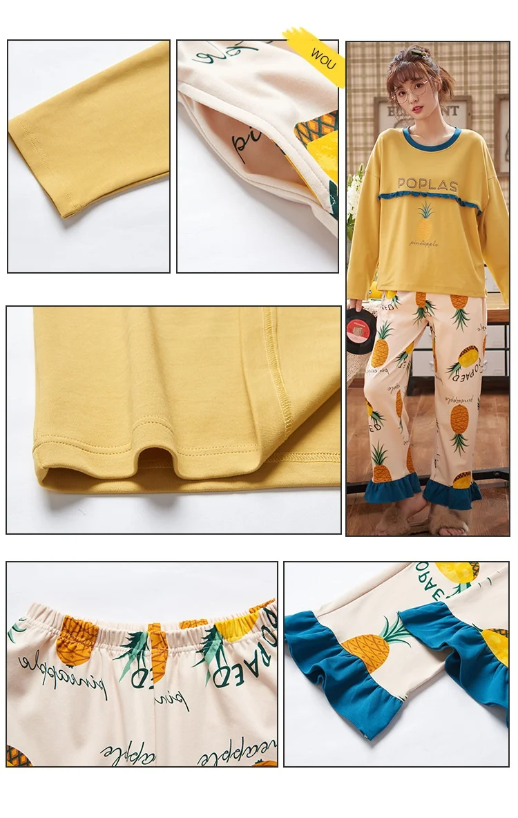 Женские пижамы, хлопок, полный комплект, женская пижама, комплект для сна, комплекты для сна с фруктовым принтом, длинные штаны, ночная домашняя одежда для женщин