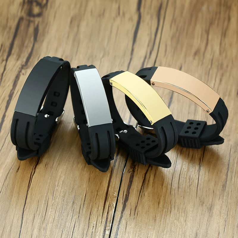 Пользовательские ID метки Мужской силиконовый браслет черные браслеты из нержавеющей стали прочный водонепроницаемый оповещения ID ювелирные изделия