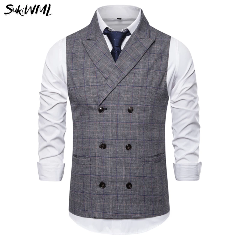 

SUKIWML Plaid Men Suit Vests 2019 New Spring Gillet Homme Costume Slim Fit Wedding Chalecos Para Hombre Business Men Waistcoat