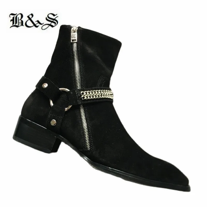 

Black& Street pionted toe zipper chain buckle strap genuine leather nubuck Boots black gentle dress casual wedding Botas