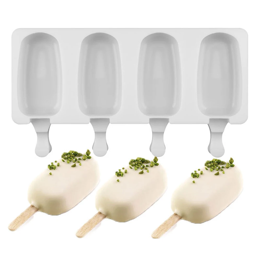 Food Safe Silicone Ice Cream Molds 4 Cell Frozen Ice Cube Molds Popsicle Maker DIY Homemade Freezer Lolly Mould With Free Sticks