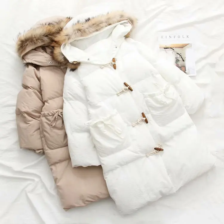 

Korean-style Winter New Style Artistic Thick Warm Solid Color Toggle Hooded Genuine Fur Collar down Coat Cotton-padded Clothes W