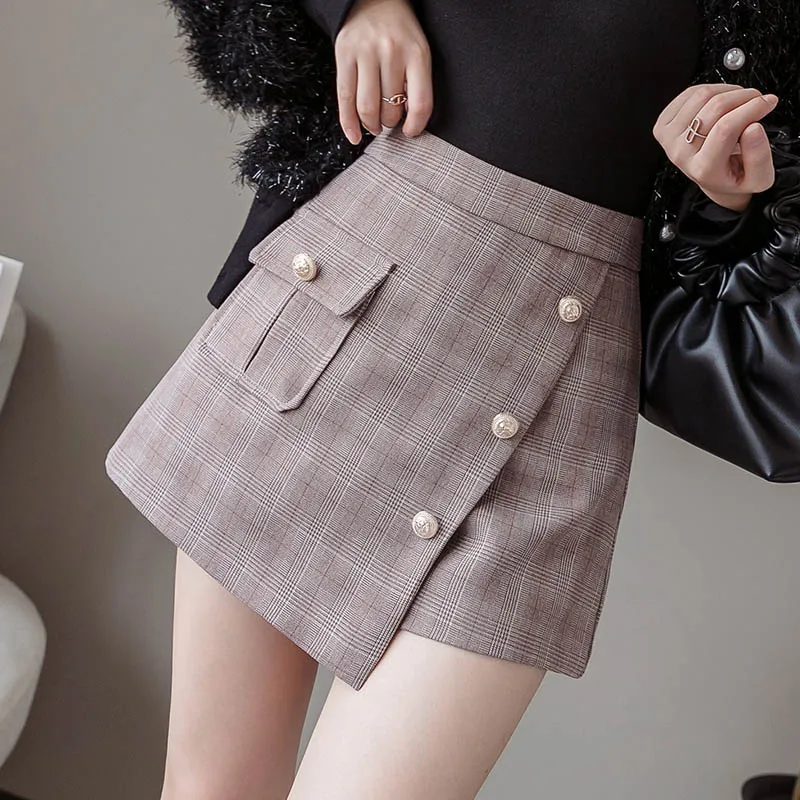 red khaki plaid Асимметричные клетчатые короткие брюки женские с высокой талией тонкие мини юбки шорты элегантные офисные женские шорты на пуговицах новые осенние - Цвет: red khaki plaid