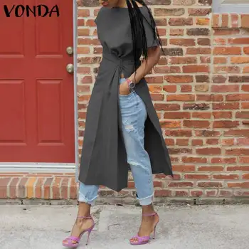 

VONDA Tunic Women Blouse Sexy Short Sleeve Split Party Tops 2020 Office Shirts Female Casual Tops Blusas Femininas Plus Size