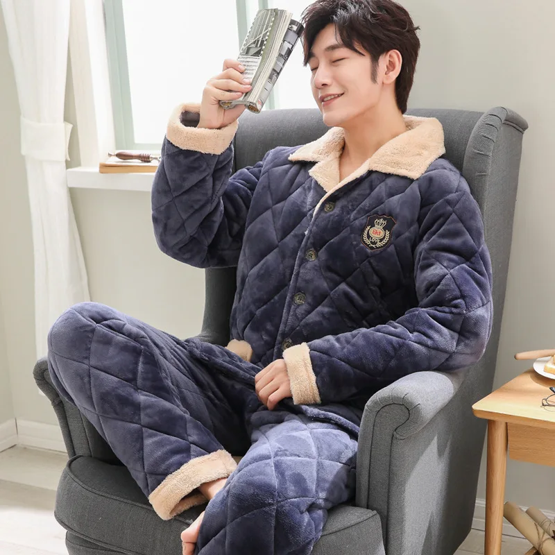 

Men Pajamas Winter Thick Coral Velvet Three Layer Padded Plus Velvet Flannel Warm Homewear Set