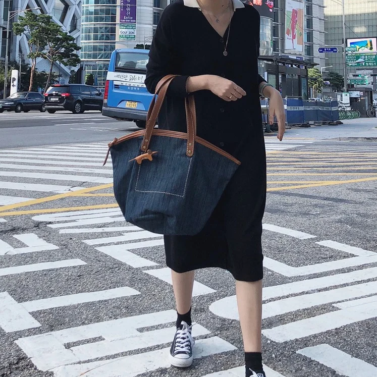 

Fashion Women's Denim Casual Hand Tote Bag Large Size Shopping Bag Washed Jeans Leisure Shoulder Bag Big Trendy Travel Bag