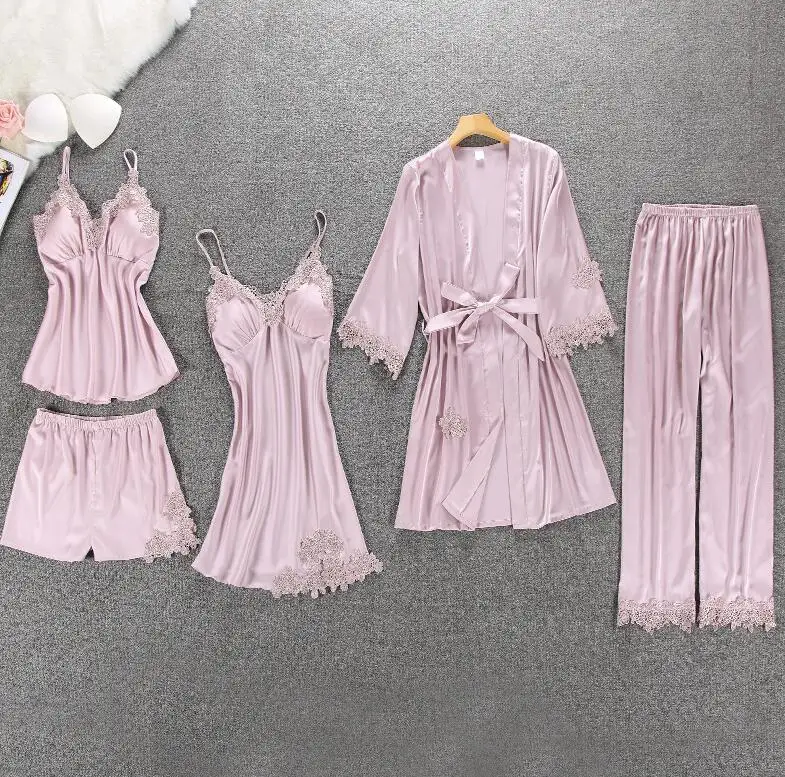 Pink Женские пижамы, 5 шт., атласная пижама, шелковая Домашняя одежда, домашняя одежда, вышивка, Пижама для сна, для отдыха, пижама с нагрудными накладками - Цвет: Pink