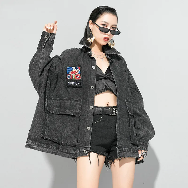 

Spring 2020 New Women Denim Jacket Loose Fit Black Big Pocket Denim Split Big Size Jacket Lapel Long Sleeve Women Coat Fashion