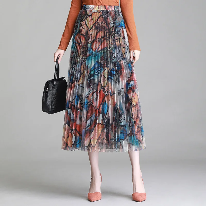 

Boho FLoral Printed Mesh Pleated Skirt For Women 2020 Summer High Waist 3 Layers Mesh Long Skirts Female Tutu Tulle Skirts