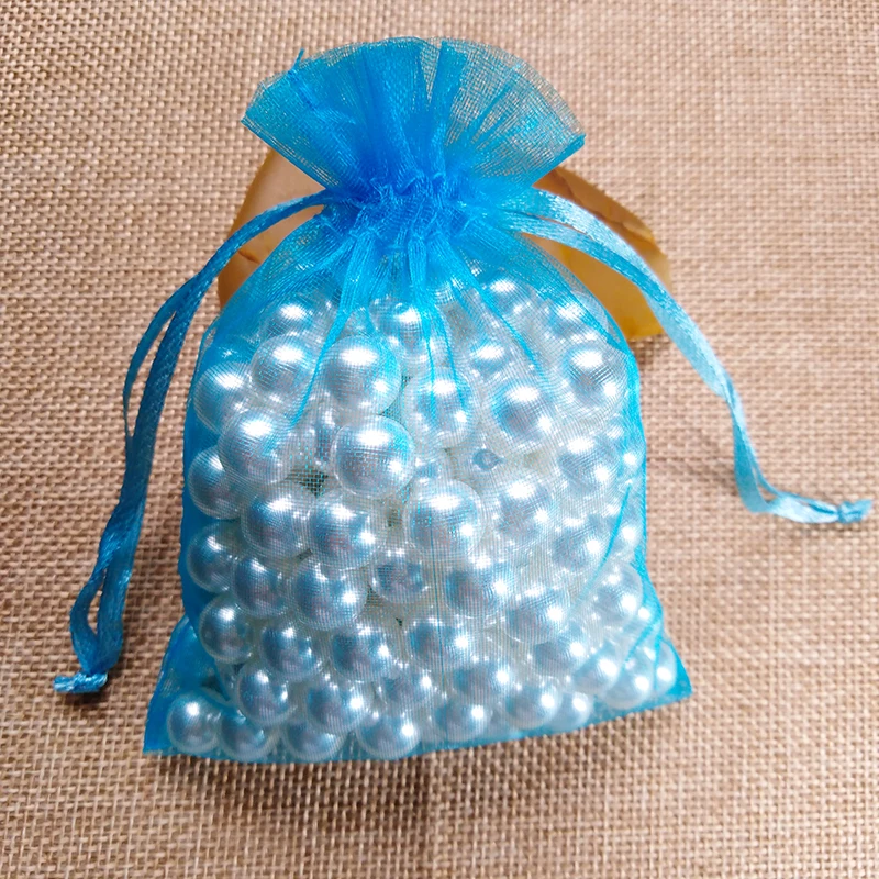 50 шт./лот, 5x7x9, 9x12, 10x15 см, сумки из органзы для упаковки ювелирных изделий, сумки для украшения свадебной вечеринки, сумки для подарков, 24 цвета - Цвет: Lake Blue