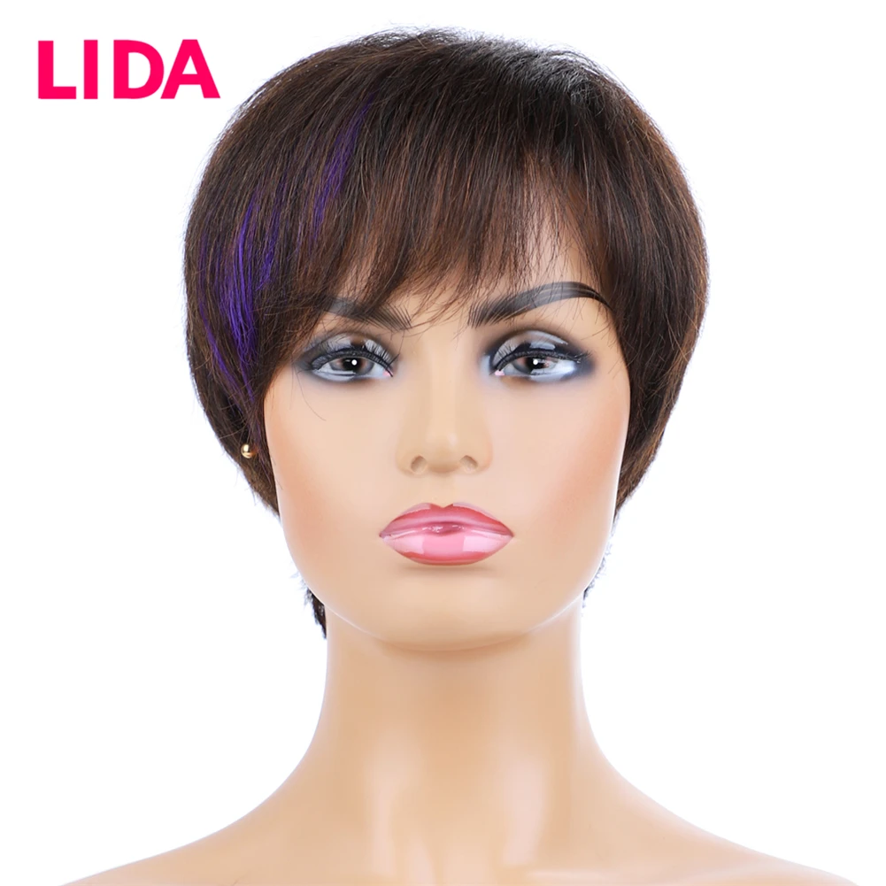 

LIDA Short Straight Wig 100% Human Hair Non Remy India Hair Full Machine Made Wig 150% Density Mono Web Inside