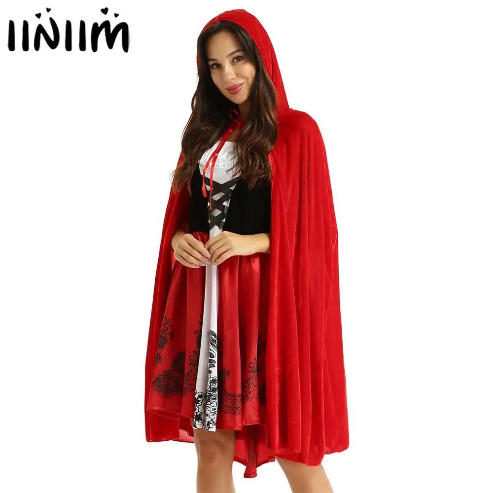 

iiniim 2Pcs Women Adults Classic Halloween Cosplay Costume Square Neck Lace Up Corset Bodice Dress with Red Velvet Hooded Cape