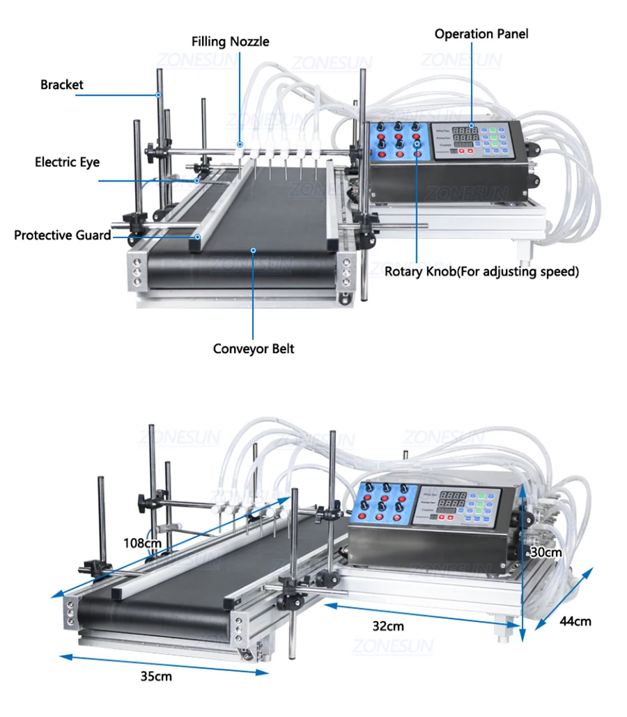 ZONESUN ZS-DTPP6B Desktop 6 Heads Peristaltic Pump Liquid Filling Machine With Conveyor