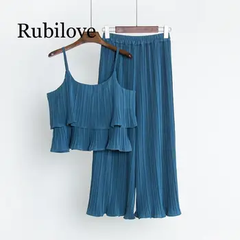 

2019 Summer Two Piece Set Summer Women Lotus Leaf Spaghetti Tops + Pants Pleated Chiffon Suits Womens 2 Piece Sets Tracksuits