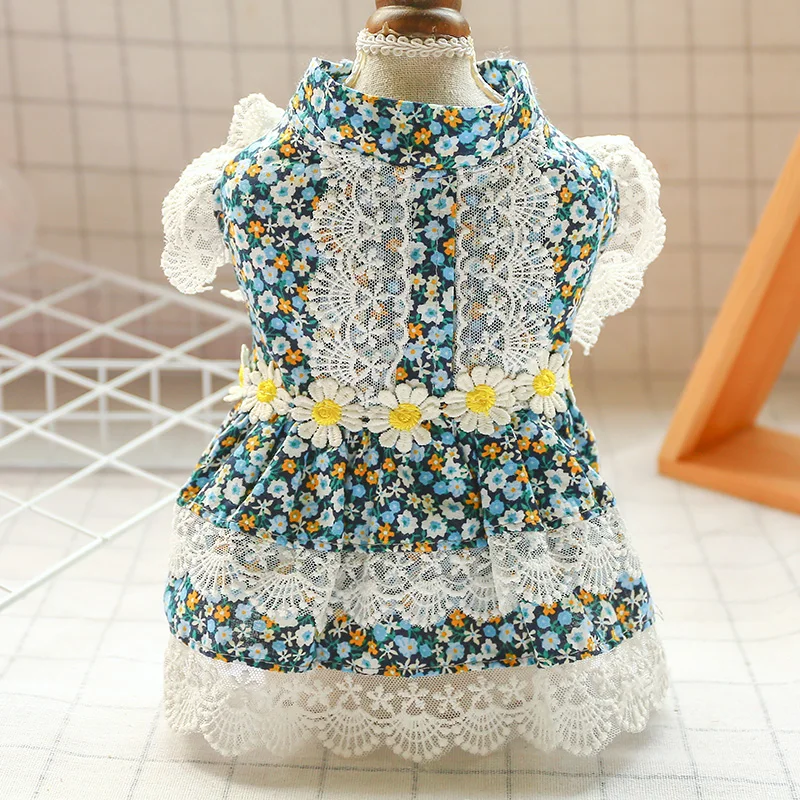

Dog Dress Cotton Pastoral Style Spring Summer Elegant Lace Princess Dog Clothes Chihuahua Blue Litte Floral Pet Skirts For Dogs