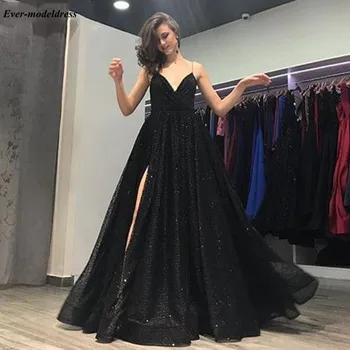 

Elegant Side Split Prom Dresses Shiny Spaghetti Straps Backless Arabic A-Line Evening Formal Gowns Sweep Train Robe De Soriee