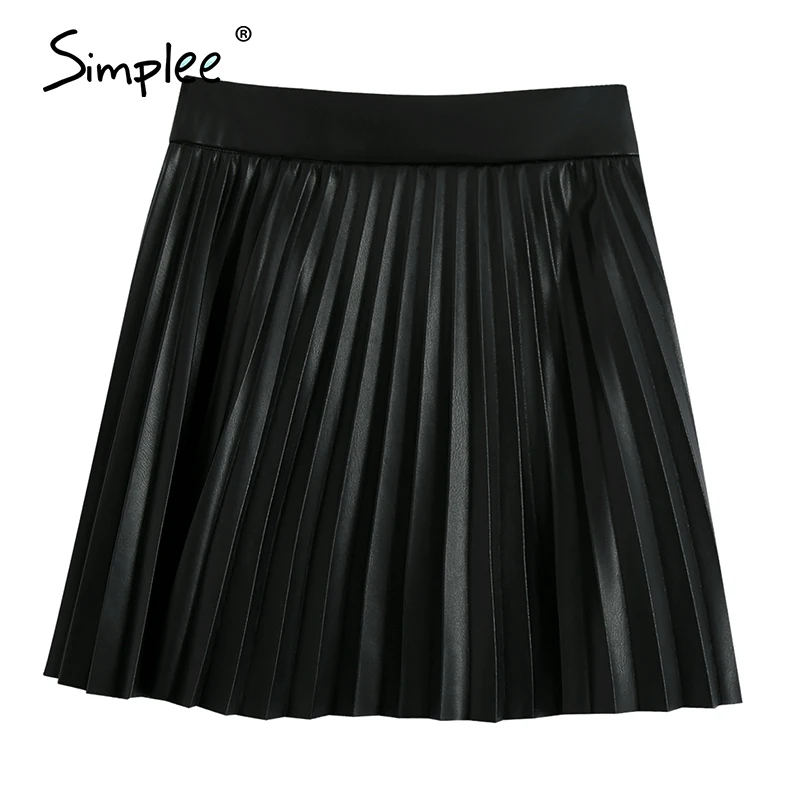 Simplee Fashion artificial leather womens Mini Skirt Striped button A-line short skirt High Street Black Leather Skirt autumn