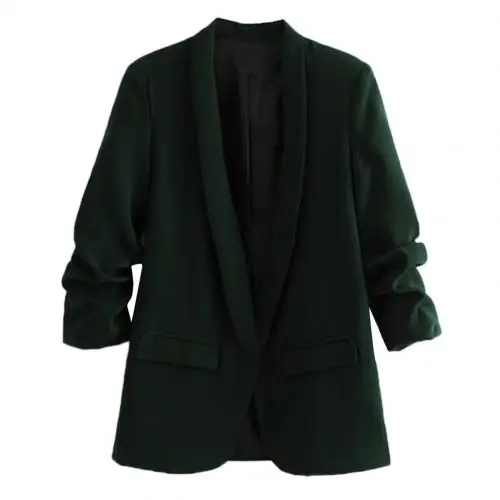 Dark Green Офисный женский шикарный однотонный кардиган с воротником с лацканами, плиссированным рукавом и карманом, Блейзер, зимний женский Блейзер, куртка, женское повседневное пальто - Цвет: Dark Green