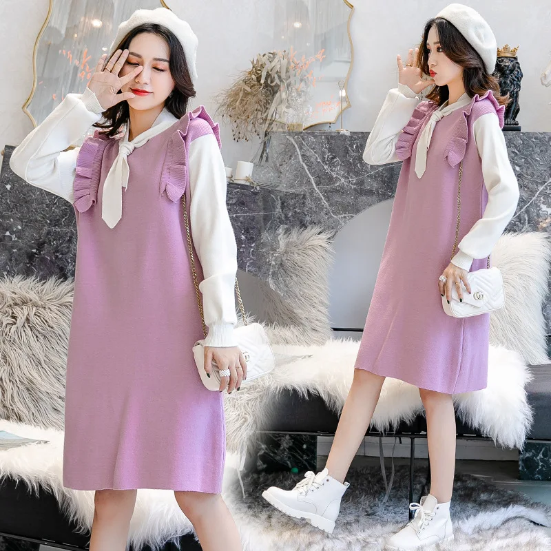 

Photo Shoot 2019 Autumn And Winter Maternity Clothes Fashion Flounced Butterfly Mock Two-Piece Knitted Sweater Dress Large Size