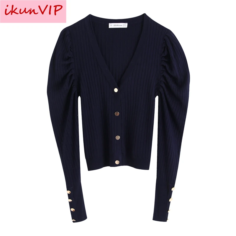 

2019 ZA Women Autumn Puff Sleeve V neck Knitwear Slim Casual Buttons Jumpers Cardigans Coat Female Sweater Shirts