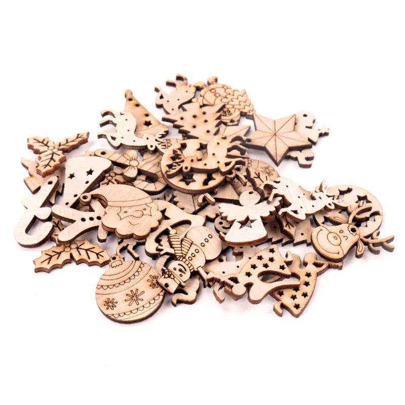 30mm 40pcs Wooden Christmas Series Pattern Scrapbooking Craft DIY Embellishment for Handmade Sewing Home Decoration MZ428