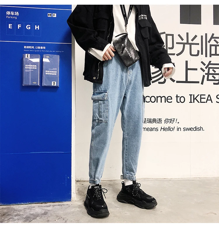Autumn Jeans Men's Slim Fashion Embroidery Casual Jean Pants Men Streetwear Hip Hop Multi-pocket Tooling Denim Trousers Mens