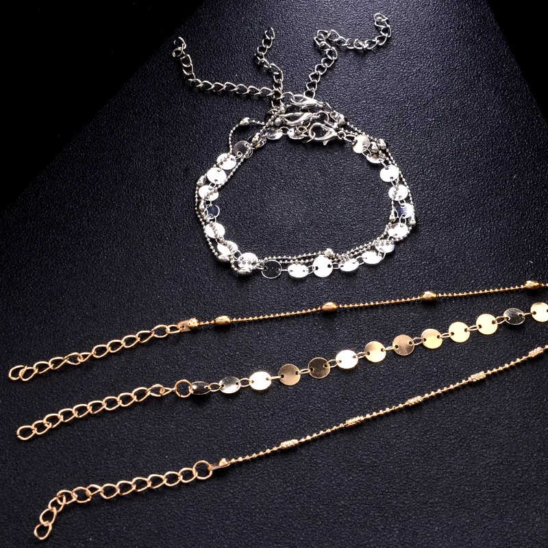 Богемные Многослойные золотые и серебряные бусы, комплект из 3 предметов, браслет для женщин, ювелирное изделие, цепочка на ногу, ножные браслеты, аксессуары, браслеты с подвесками
