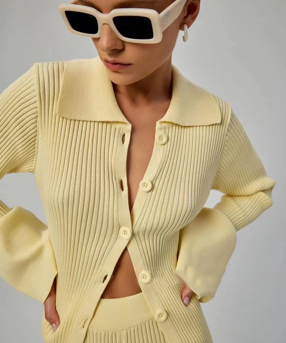 High Quality Fashion Women'S Knitted Slim 2 Two-Piece Set 2021 Spring Sexy V Long-Sleeved Button Top + Pants Casual Suit skirt suit set