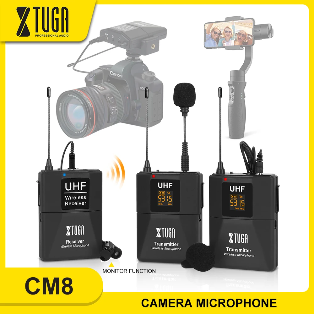 US $43.98 XTUGA Dual Channels Camera Mic UHF Wireless Lavalier Microphone With Audio Monitor Function For Phone DSLR Camera DV Camcorder