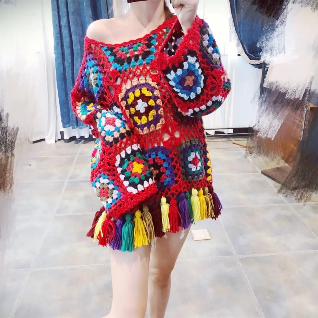 

Retrieve Red Hollow Out Used sweaters Women India Folk style Long Trui O -neck Geometric box Trui sweaters