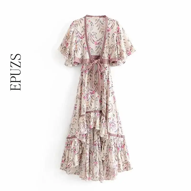 

bohemian Vintage Floral white long Dress Women sexy bow tie Backless ruffle Beach Dress Summer Chic boho dress casual Vestidos