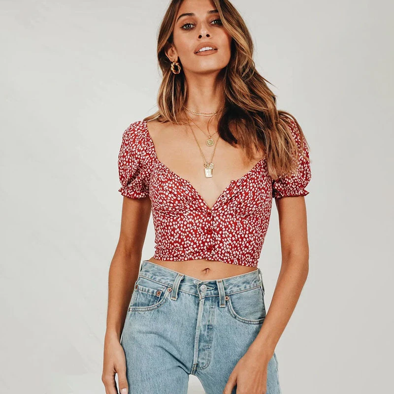 

Wine Red Dot Print Cropped Blouse Vintage Short Sleeve Women Tops and Blouses Center Buttons Crop Top Blusa Feminina