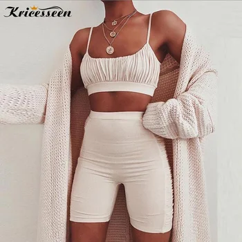 

Kricesseen Sexy Solid Stretchy Two Piece Shorts Set Outfits Summer Women Strap Top And High Waist Shorts Suits Fitness Overalls