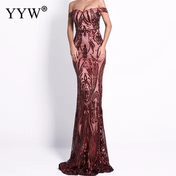 

Women Vintage Sequin Dress Off Shoulder Mermaid Dresses Floor Length Evening Party Clothing Elegant Long Bodycon Dress Vestidos