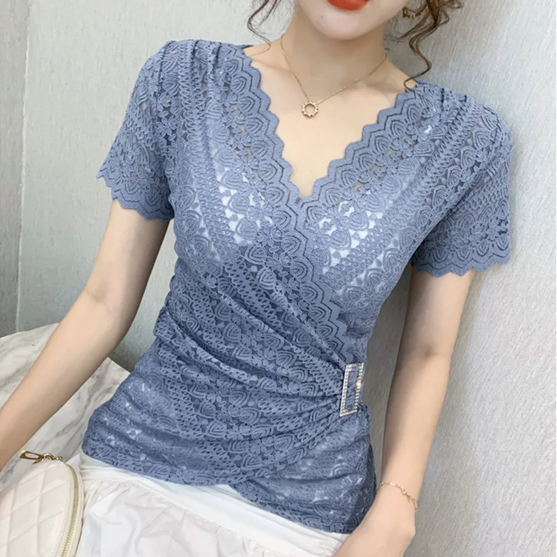 Lace Tops Shirt Short-Sleeve V-Neck Women Blouse Sexy Plus-Size Summer Blusas Hollow-Out
