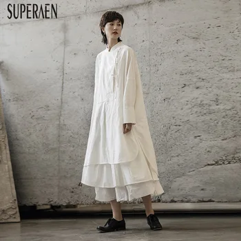

SuperAen New 2019 Autumn Chinese Style Women Dress Cotton Solid Color Casual Ladies Dress Linen Fashion Women Clothing