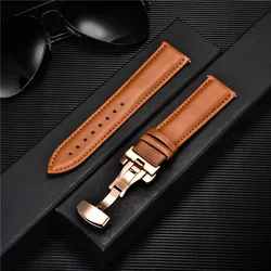 Premium Leather Watchband with Stainless Steel Butterfly Buckle - 22mm (Rose gold orange)