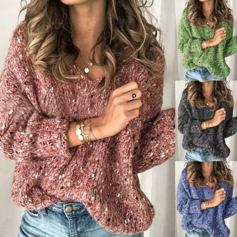 Женский зимний свитер, Модные осенние вязаные свитера-пуловеры с длинным рукавом, повседневная однотонная вязаная одежда, женский джемпер с v-образным вырезом