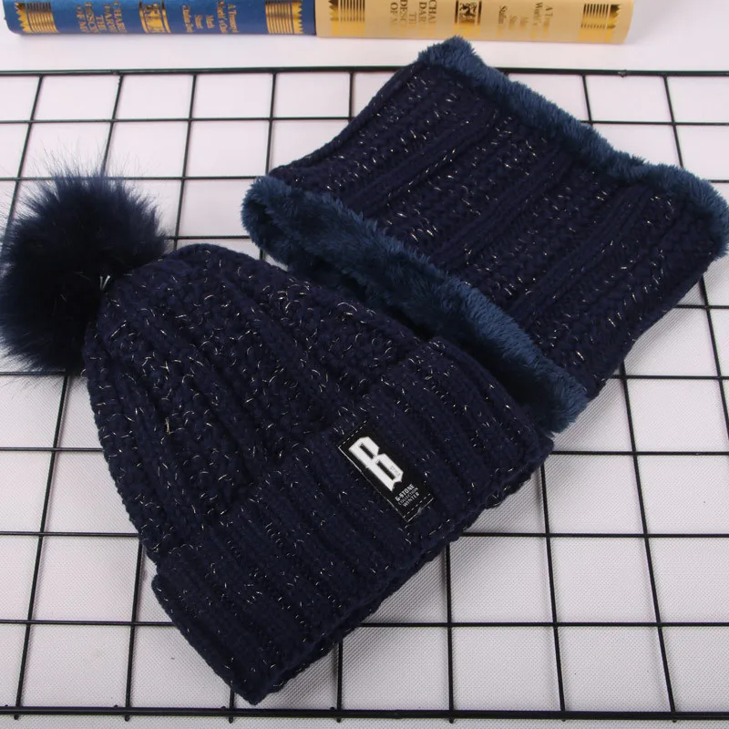 Модная одежда для девочек Skullies шапочки зима Кепки для Для женщин трикотажные Кепки шляпа помпонами мяч теплая брендовая Повседневное осень толстые женские Hat - Цвет: Dark blue