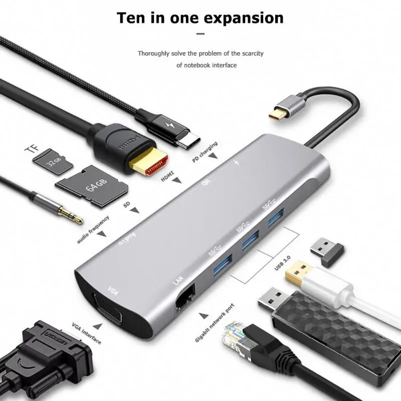 Прочный type-C концентратор Многофункциональный 10 в 1 type-C концентратор для HDMI VGA USB3.0 TF RJ45 AUX PD конвертер удлинитель адаптер