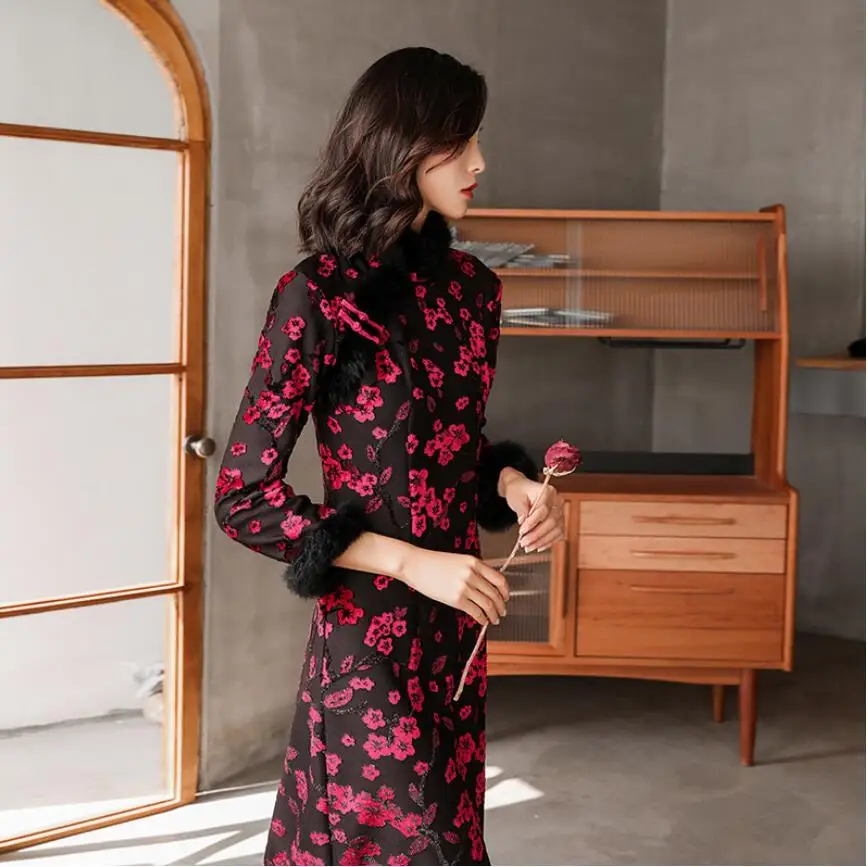 Зима размера плюс китайские платья для женщин с длинным рукавом qipao 3XL 4XL 5XL жаккард цветочный cheongsam современное китайское вязаное платье