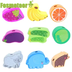 Fosmeteor juguetes de madera para bebé, juguete educativo de dibujos animados, fruta, enhebrado de animales, cuentas de madera
