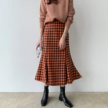 [EWQ] Осень-зима, новая клетчатая юбка с высокой талией, тонкая длинная юбка выше колена с подолом, трендовая женская одежда 16N-a151
