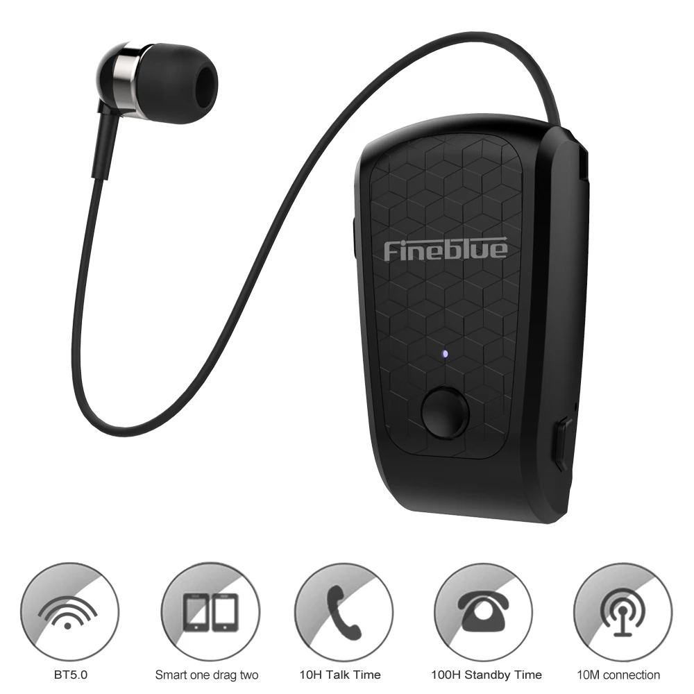 

Fineblue FQ-10 Wireless Earphone Bluetooth 5.0 Headphone Cable Retractable Earbud Music Clip-on Headset Hands-free w/ Microphone