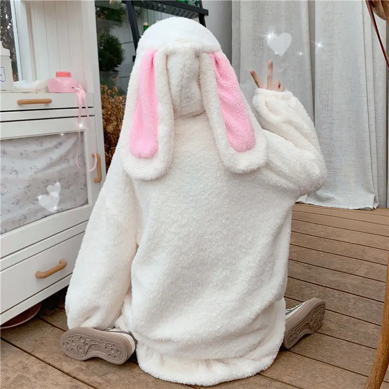 Hoodies Women Large Size Solid Zip-up Long Lantern Sleeve Hooded Rabbit Ears Lolita Cute Sweet Girls Harajuku Style Warm Baggy