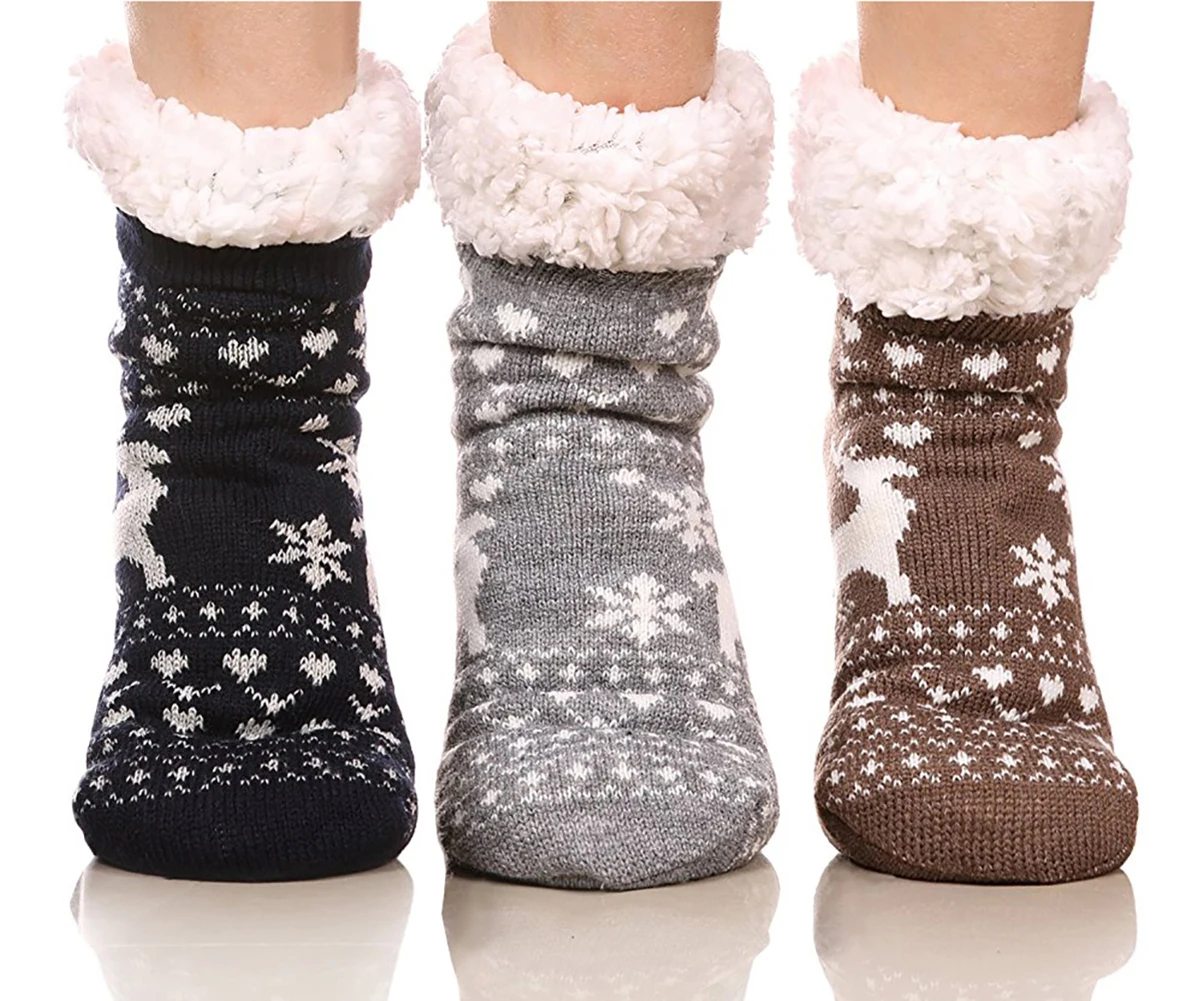 Skinfullysweet/Стильные домашние носки-тапочки с оленем домашние тапочки женские зимние теплые пушистые Нескользящие домашние носки-Тапочки - Цвет: navy gray brown