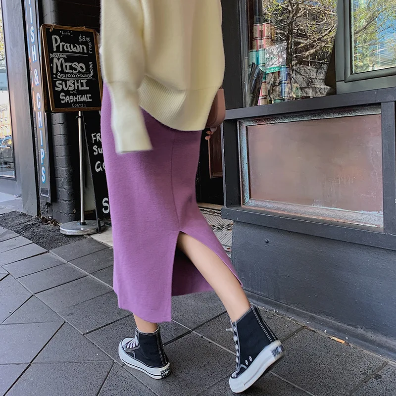 

Knitted Skirt Autumn And Winter Mid-length A- line High-waisted Black Skirt One-step Skirt Slit Skirt
