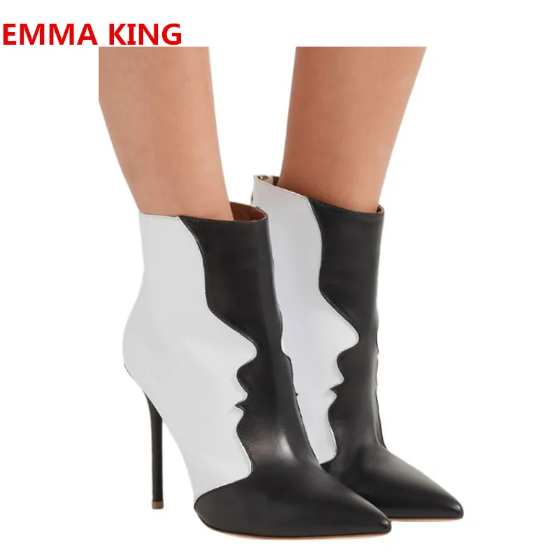 

2019 New Design Women Two-Tone Leather Ankle Boots Pointed Toe High Heels Chelsea Boots Autumn Winter Back Zip Stilettos Booties