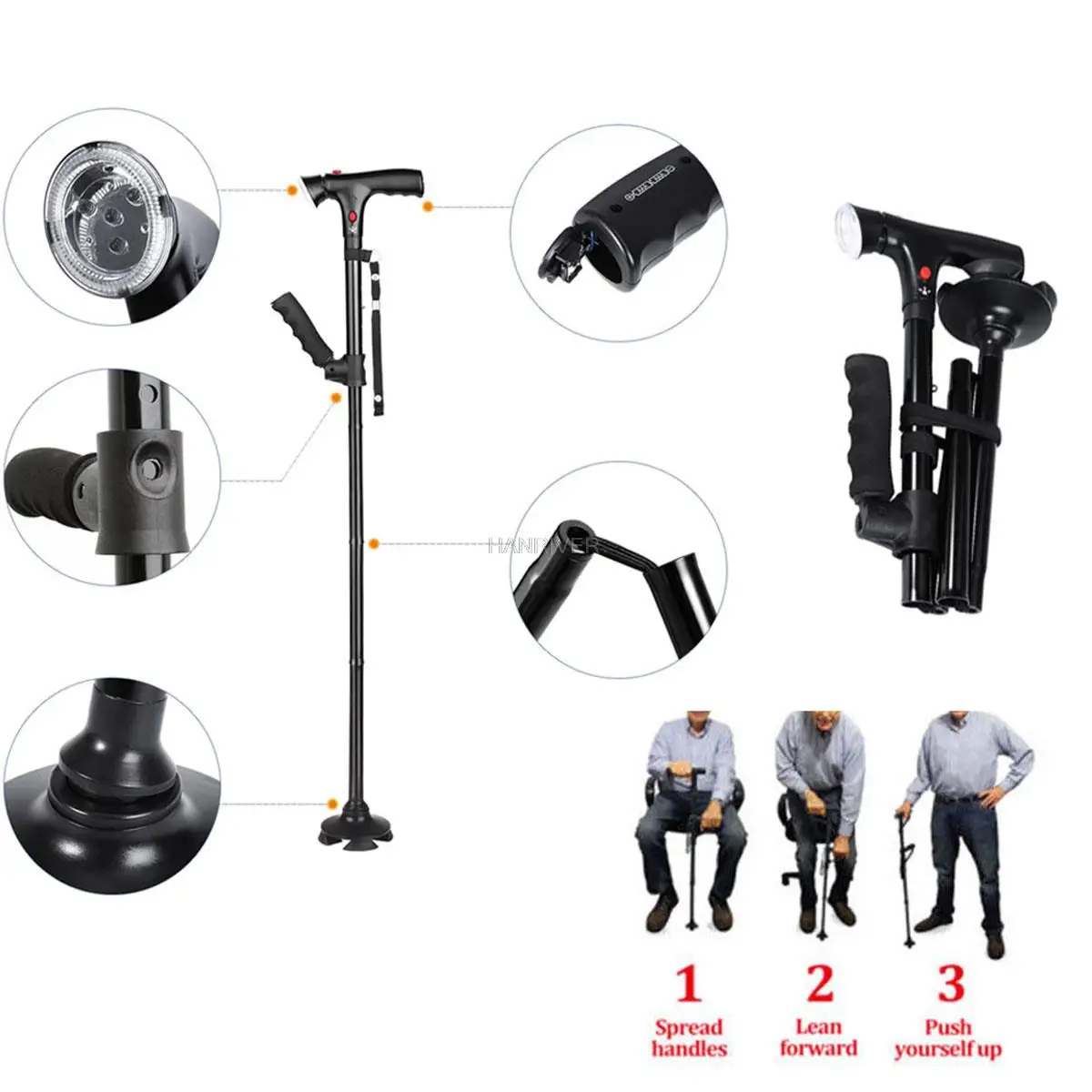 walking cane Elderly Foldable Telescopic Crutch Foldable Crutch LED Reliable Walking Cane Supporting for Elderly Walking