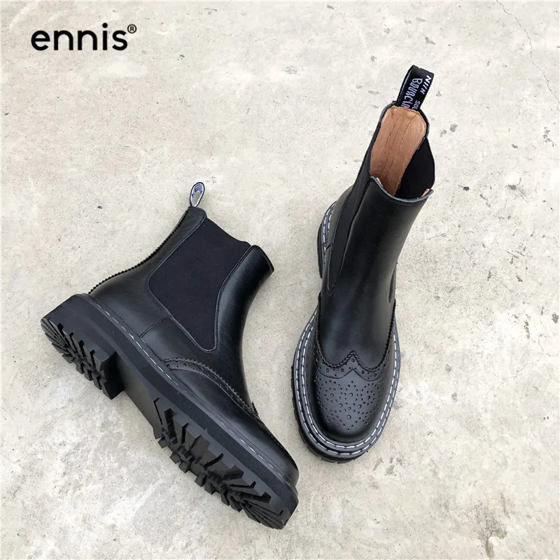 

ENNIS Brand Winter Boots Female Genuine Leather Boots Women Flat Ankle Boots Platform Autumn Slip On Brogue Shoes Red New A9237